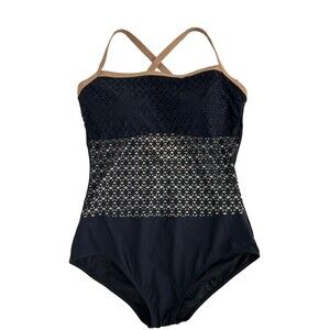 NWT Profile by Gottex Swimsuit Size 16 L XL Black Tan Laser Cut One Piece c